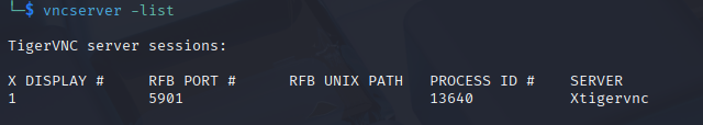 Screenshot of results execution of vncserver -list command on linux machine